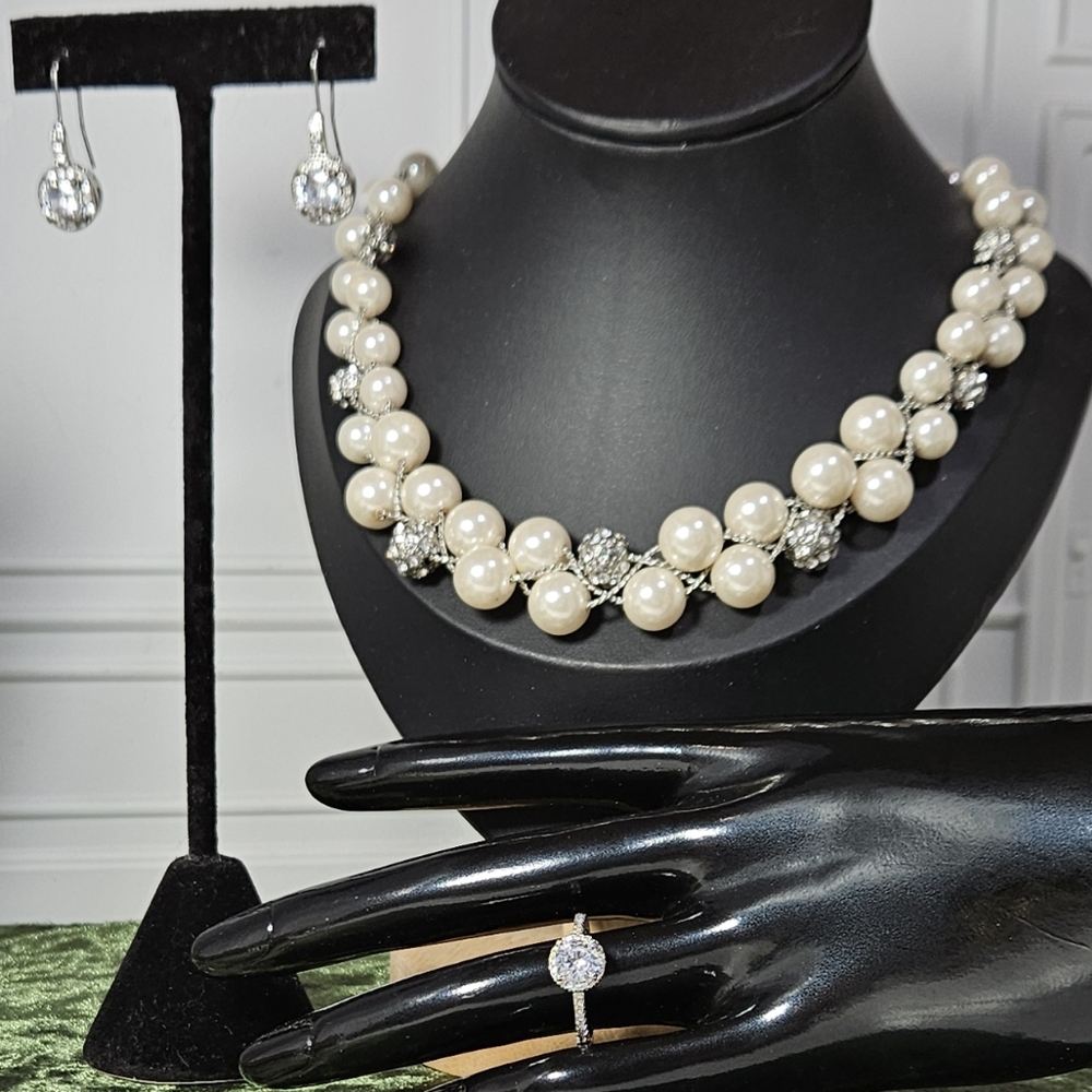 Sterling Silver Faux Pearl Wedding or Prom Set Adjustable Ring